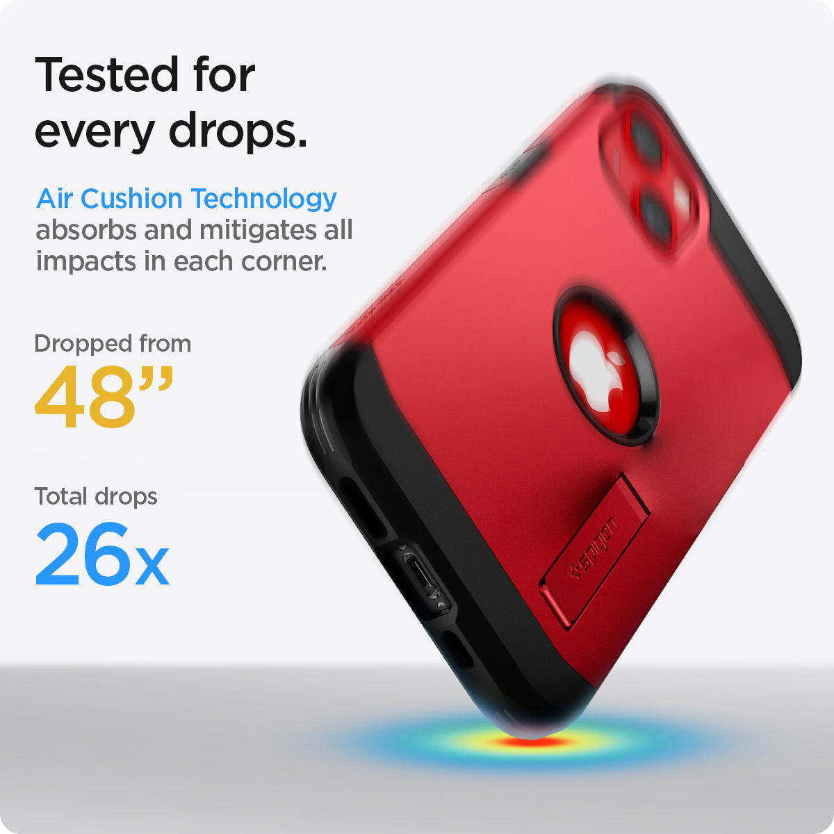 ACS03332 - iPhone 13 Mini Case Tough Armor in red showing tested for every drops. Air Cushion Technology absorbs and mitigates all impacts in each corner. Dropped from 48" | Total drops 26x