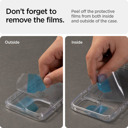 ACS03317 - iPhone 13 Mini Case Ultra Hybrid in crystal clear showing the peeling off the protective films from both inside and outside of the case