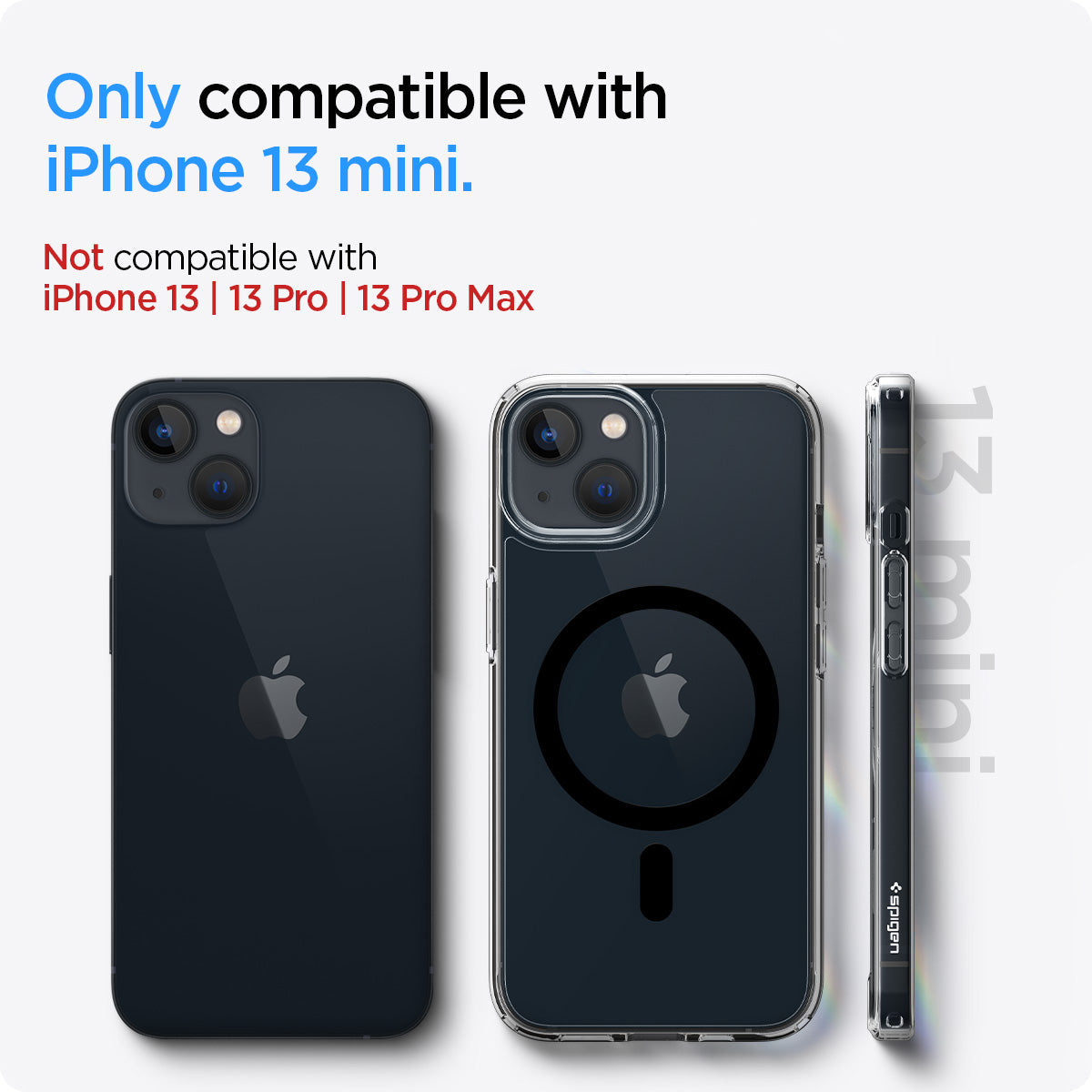 ACS03323 - iPhone 13 Mini Case Ultra Hybrid Mag Safe Compatible in black showing the compatibility only with iPhone 13 mini. Not compatible with iPhone 13 | 13 Pro | 13 Pro Max