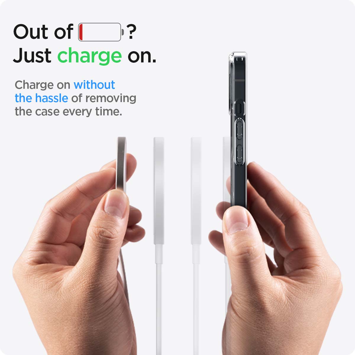 ACS03323 - iPhone 13 Mini Case Ultra Hybrid Mag Safe Compatible in black showing charging on without the hassle of removing the case every time
