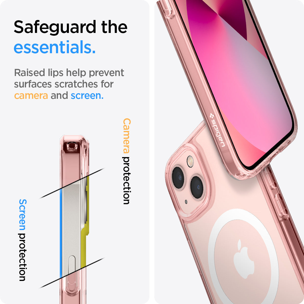 ACS03324 - iPhone 13 Mini Case Ultra Hybrid Mag Safe Compatible in rose crystal showing the raised lips help prevent surfaces scratches for camera and screen. Screen protection and camera protection