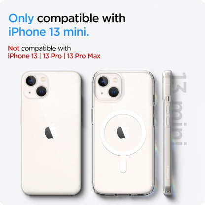 ACS03322 - iPhone 13 Mini Case Ultra Hybrid Mag Safe Compatible in white showing the compatibility only with iPhone 13 mini. Not compatible with iPhone 13 | 13 Pro | 13 Pro Max