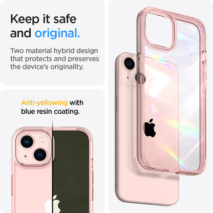 ACS03320 - iPhone 13 Mini Case Ultra Hybrid in rose crystal showing the two material hybrid design that protects and preserves the device's originality. Anti-yellowing with blue resin coating