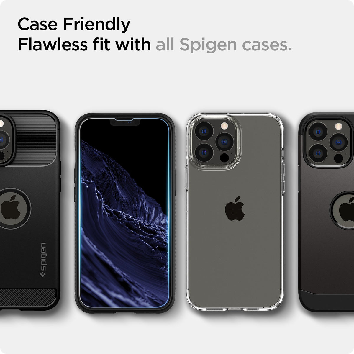 AGL03376 - iPhone 13 Pro Max Screen Protector EZ FIT GLAS.tR (Sensor Protection) showing the case friendly, flawless fit with all Spigen cases
