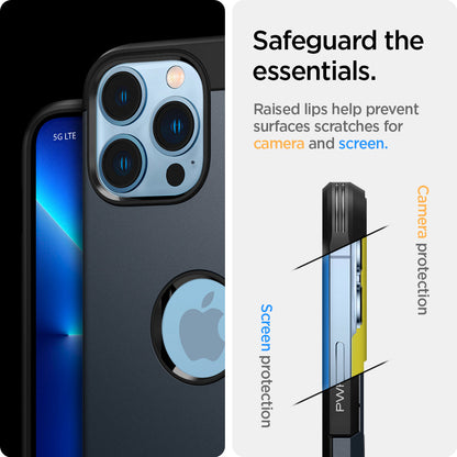 ACS03223 - iPhone 13 Pro Max Case Tough Armor in metal slate showing safeguard the essentials. Raised lips help prevent surfaces scratches for camera and screen.