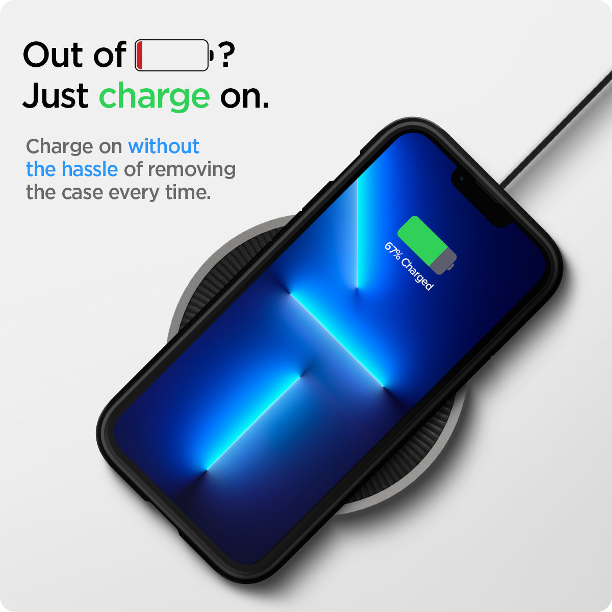 ACS03223 - iPhone 13 Pro Max Case Tough Armor in metal slate showing the charging on without the hassle of removing the case every time