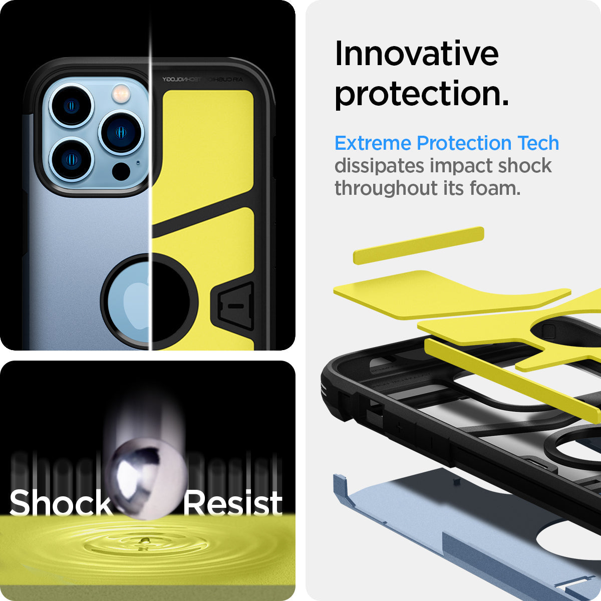 ACS03838 - iPhone 13 Pro Max Case Tough Armor in sierra blue showing the innovative protection. Extreme Protection Tech dissipates impact shock throughout its foam