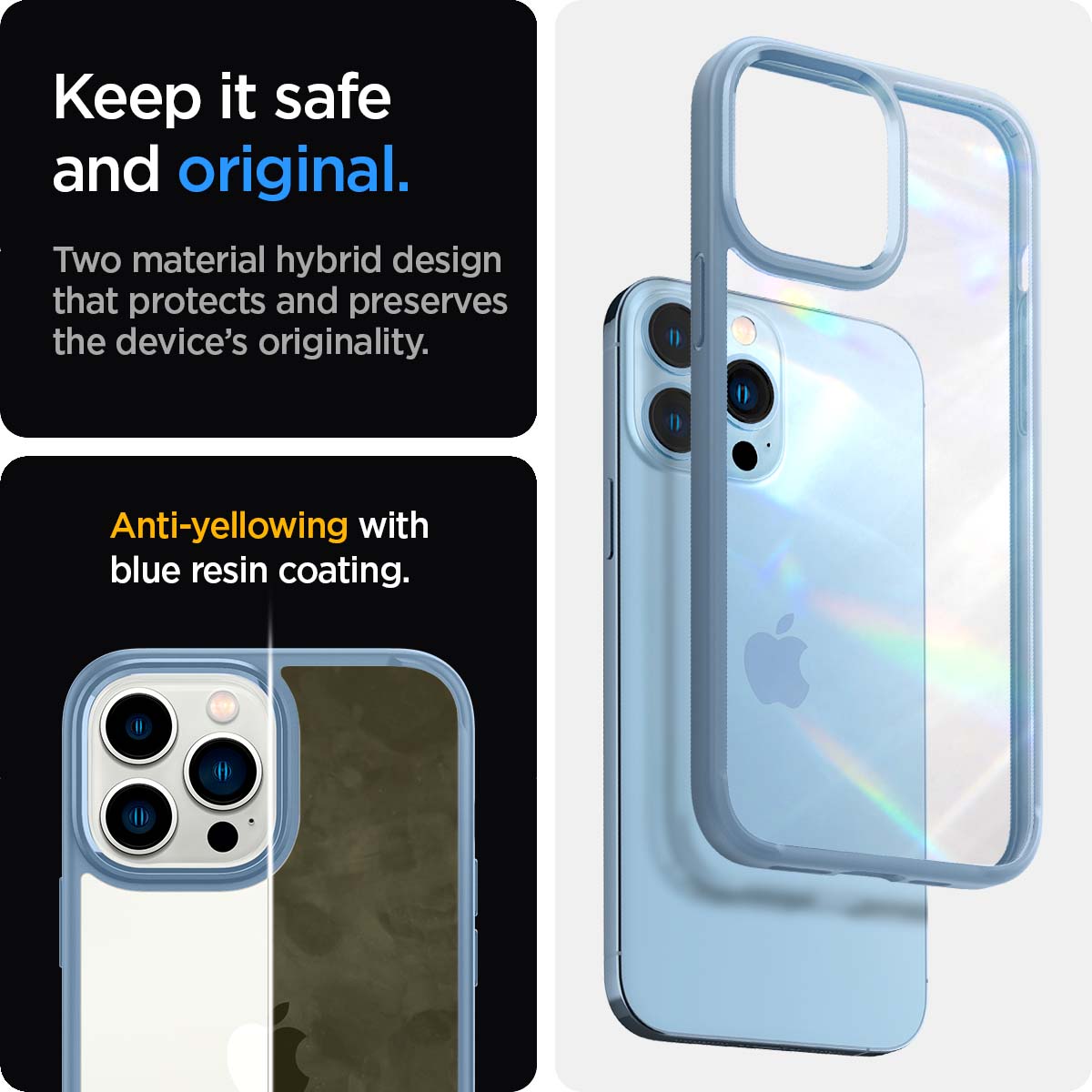ACS04131 - iPhone 13 Pro Max Case Ultra Hybrid in sierra blue showing the two material hybrid design that protects and preserves the device's originality. Anti-yellowing with blue resin coating