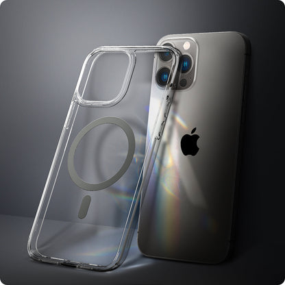 ACS03211 - iPhone 13 Pro Max Case Ultra Hybrid Mag Safe Compatible in graphite showing the back of the case leaning against the back of the device