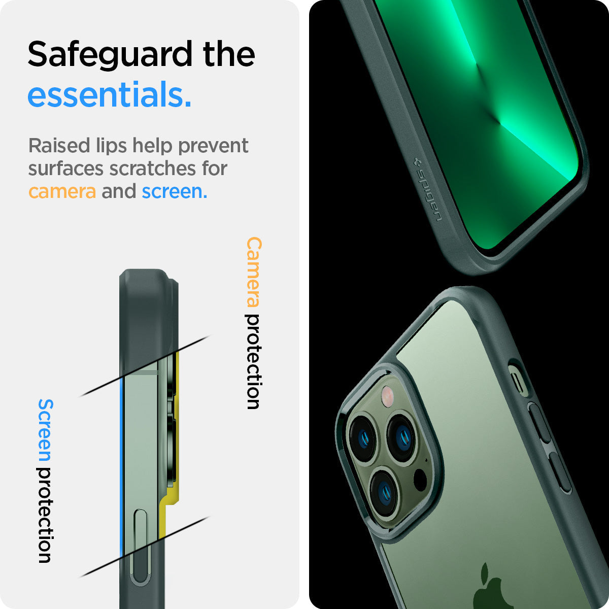 ACS04558 - iPhone 13 Pro Max Case Ultra Hybrid in midnight green showing the raised lips help prevent surfaces scratches for camera and screen. Screen protection and Camera protection