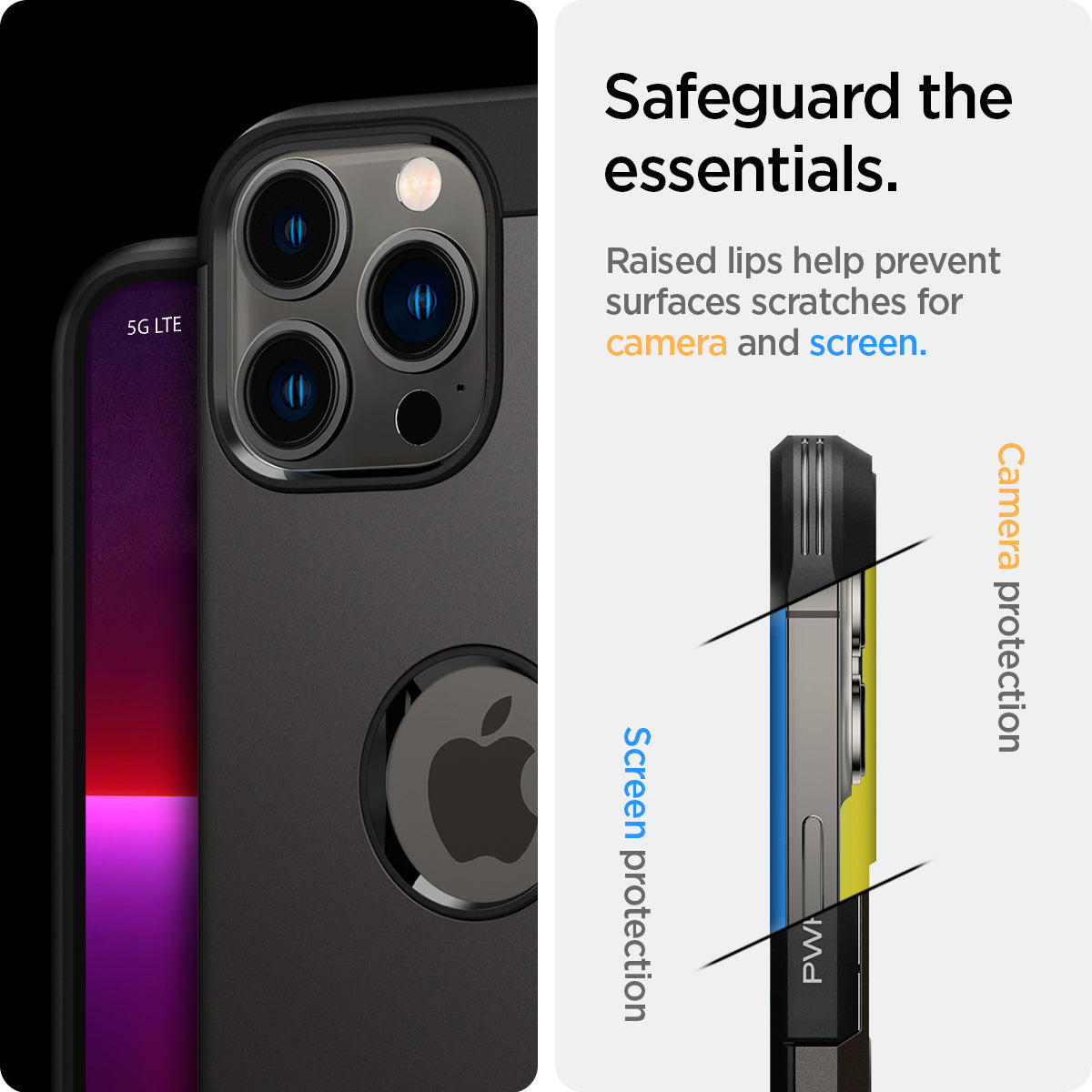ACS03276 - iPhone 13 Pro Case Tough Armor in gunmetal showing safeguard the essentials. Raised lips help prevent surfaces scratches for camera and screen.