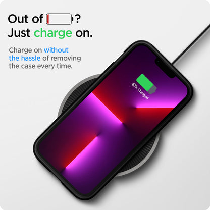 ACS03276 - iPhone 13 Pro Case Tough Armor in gunmetal showing the charging on without the hassle of removing the case every time