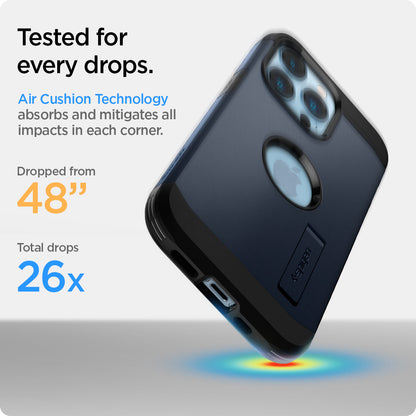 ACS03279 - iPhone 13 Pro Case Tough Armor in navy blue showing tested for every drops. Air Cushion Technology absorbs and mitigates all impacts in each corner. Dropped from 48" | Total drops 26x