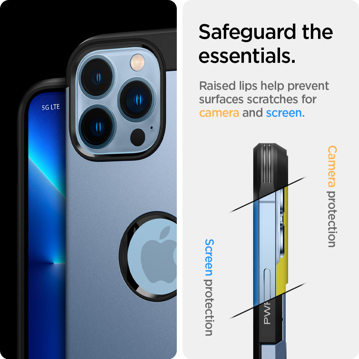ACS03839 - iPhone 13 Pro Case Tough Armor in sierra blue showing safeguard the essentials. Raised lips help prevent surfaces scratches for camera and screen.