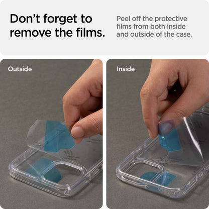 ACS04132 - iPhone 13 Pro Case Ultra Hybrid in sierra blue showing the peeling off the protective films from both inside and outside of the case