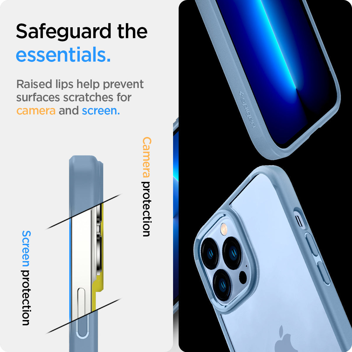 ACS04132 - iPhone 13 Pro Case Ultra Hybrid in sierra blue showing the raised lips help prevent surfaces scratches for camera and screen. Screen protection and Camera protection