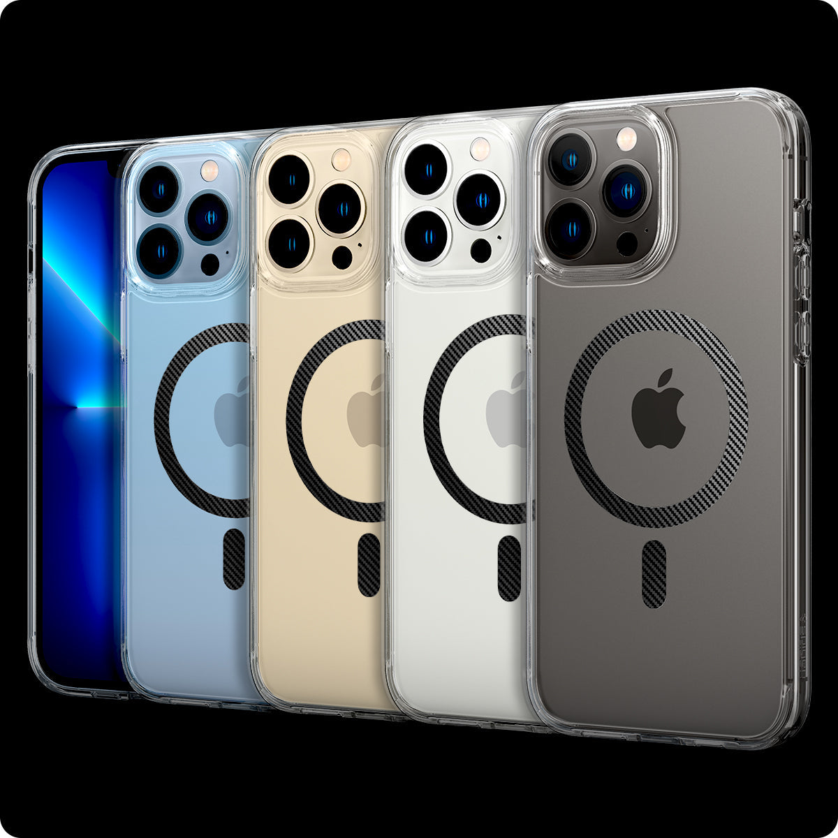 ACS04085 - iPhone 13 Pro Case Ultra Hybrid Mag (MagFit) in carbon fiber showing the multiple cases back and partial front showcasing different colors of the devices