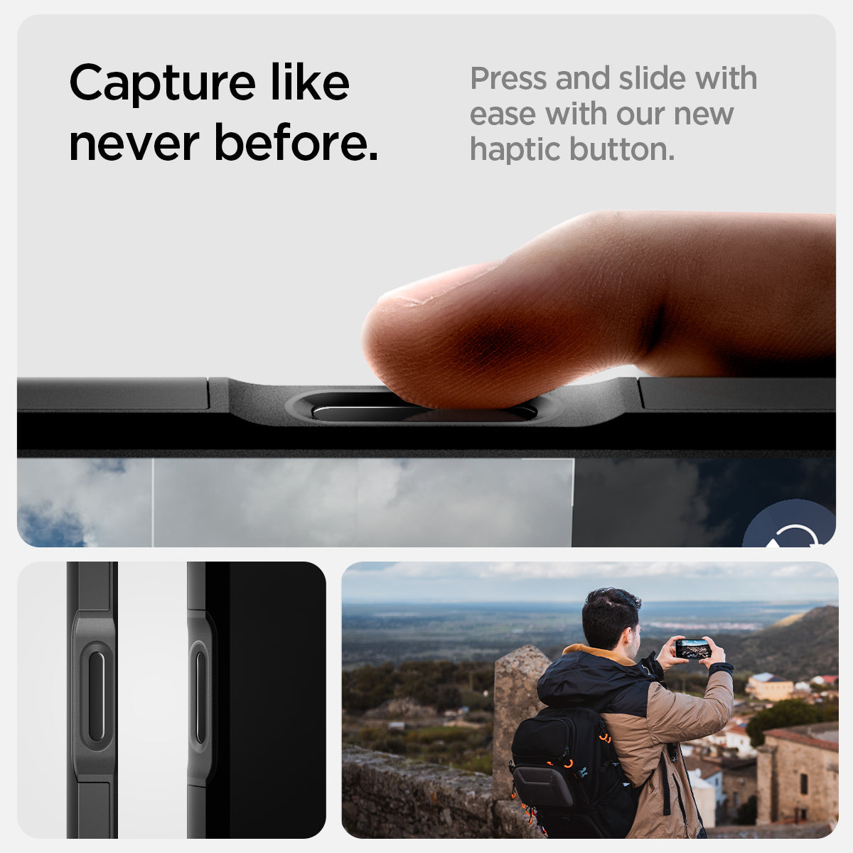 ACS08503 - iPhone 16 Pro Max Case Tough Armor T AI (MagFit + Camera Control) in Black showing the capture like never before, press and slide with ease with our new haptic button