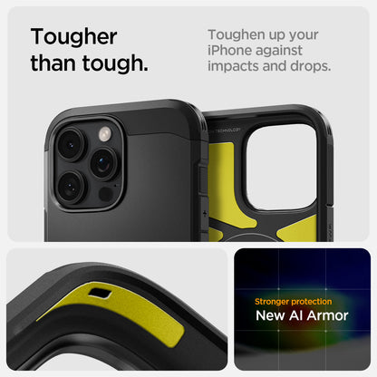 ACS08503 - iPhone 16 Pro Max Case Tough Armor T AI (MagFit + Camera Control) in Black showing the tougher than tough, toughen up your iPhone against impacts and drops, stronger protection, New AI Armor