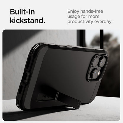 ACS08503 - iPhone 16 Pro Max Case Tough Armor T AI (MagFit + Camera Control) in Black showing the built-in kickstand, enjoy hands-free usage for more productivity everyday