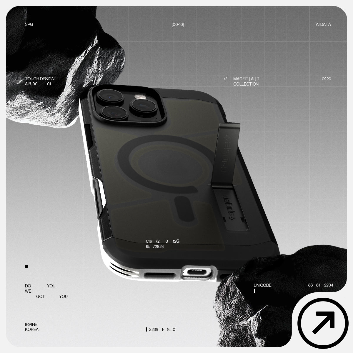ACS09072 - iPhone 16 Pro Case Tough Armor T AI (MagFit) in Frost Black showing the back, partial side and bottom in between rocks