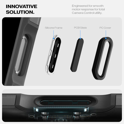 ACS09072 - iPhone 16 Pro Case Tough Armor T AI (MagFit) in Frost Black showing the innovative solution. Engineered for smooth motor response for total camera control. Silicone Frame, PCB Glass and PC Cover