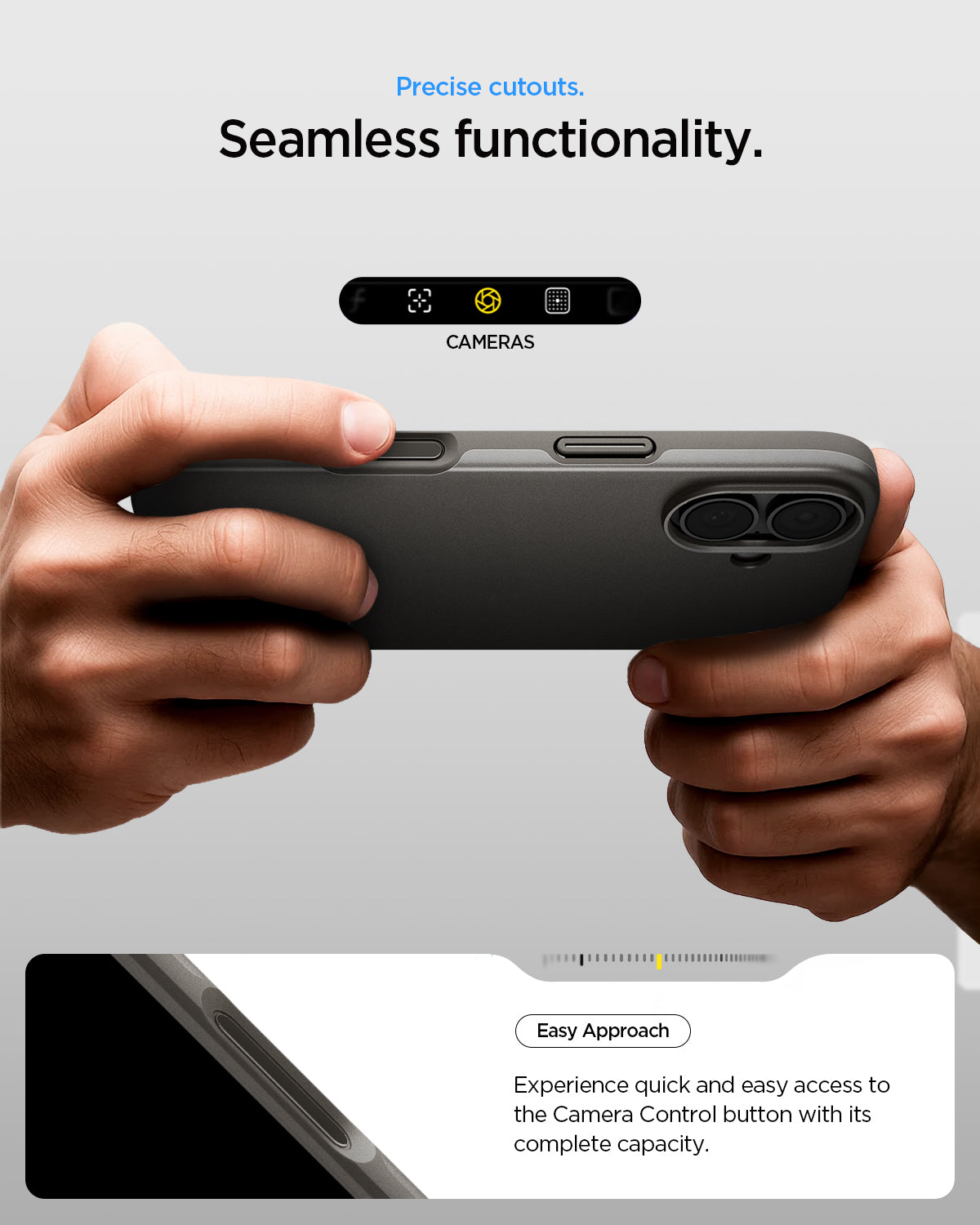 ACS09971 - iPhone 17 Thin Fit (MagFit) in Gunmetal showing precise cutouts. seamless functionality. Easy approach Experience quick and easy access to the camera control button with its complete capacity.