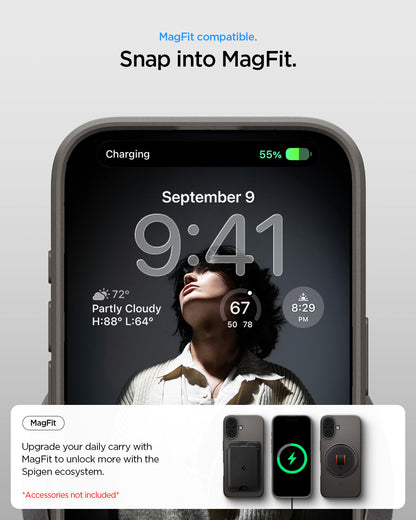 ACS09971 - iPhone 17 Thin Fit (MagFit) in Gunmetal showing magfit compatible. snap into magfit. upgrade your daily carry with magfit to unlock more with the spigen ecosystem