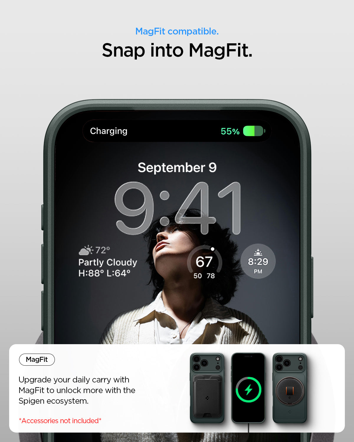 ACS09935 - iPhone 17 Pro Thin Fit (MagFit) in Abyss Green showing magfit compatible. snap into magfit. upgrade your daily carry with magfit to unlock more with the spigen ecosystem