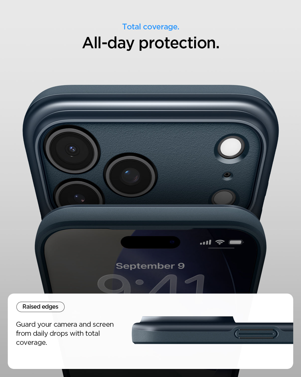 ACS09882 - iPhone 17 Pro Max Thin Fit (MagFit) in Metal Slate showing total coverage. All day protection. Raised edges. guard your camera and screen from daily drops with total coverage.