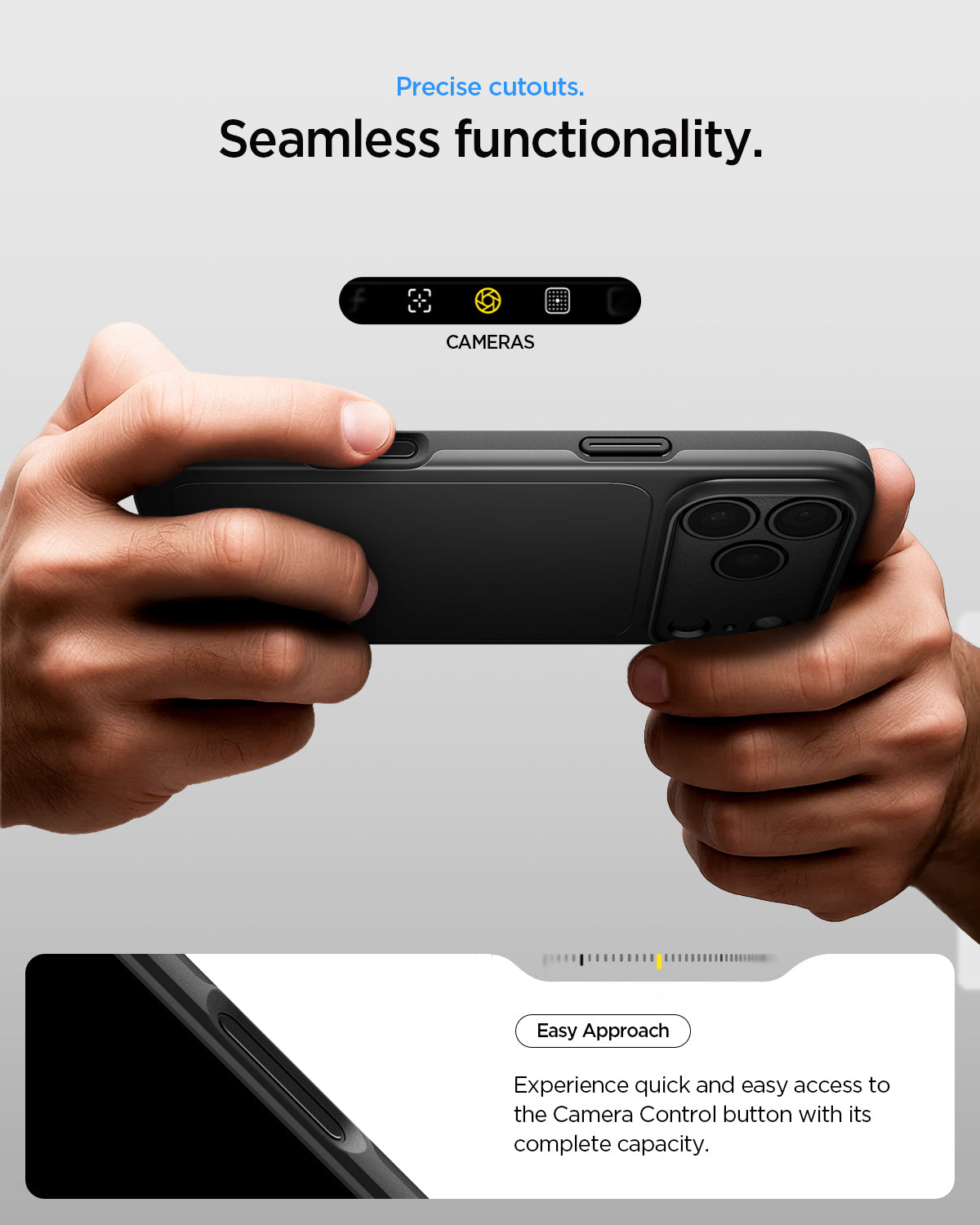 ACS09934 - iPhone 17 Pro Thin Fit (MagFit) in black showing precise cutouts. seamless functionality. Easy approach Experience quick and easy access to the camera control button with its complete capacity.