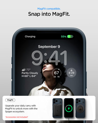 ACS09882 - iPhone 17 Pro Max Thin Fit (MagFit) in Metal Slate showing magfit compatible. snap into magfit. upgrade your daily carry with magfit to unlock more with the spigen ecosystem