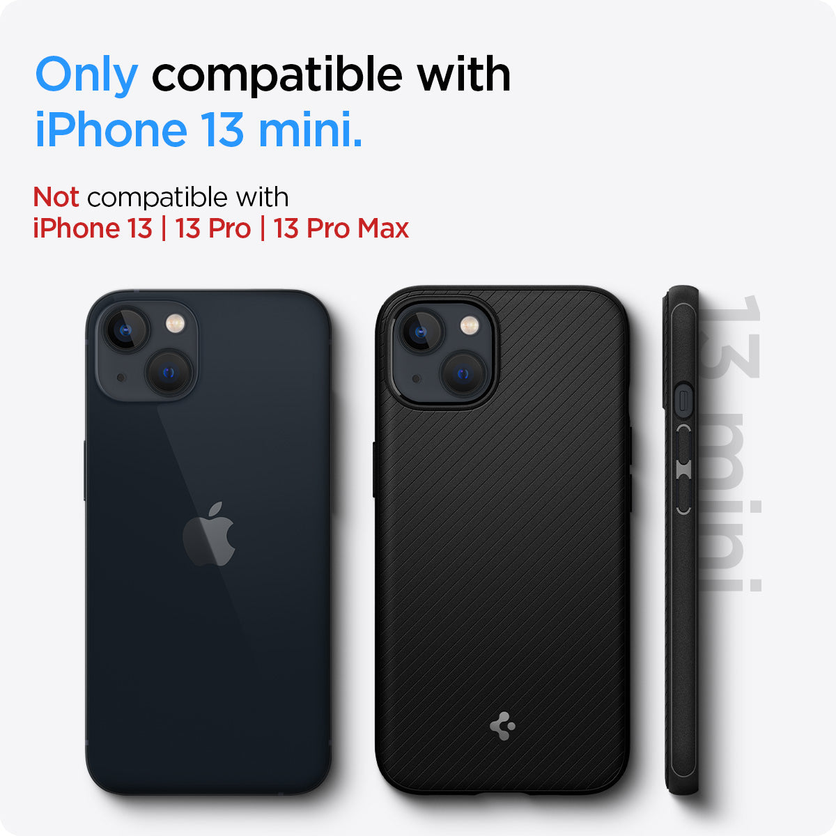 ACS03680 - iPhone 13 Mini Case Mag Armor in black showing the compatibility only with iPhone 13 mini. Not compatible with iPhone 13 | 13 Pro | 13 Pro Max
