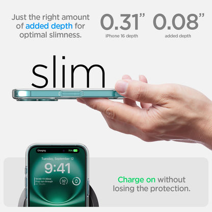 ACS08199 - iPhone 16 Case Ultra Hybrid in Frost Clear just the right amount of added depth for optimal slimness. 0.31" iPhone 16 depth, 0.08" added depth. charge on without losing the protection.
