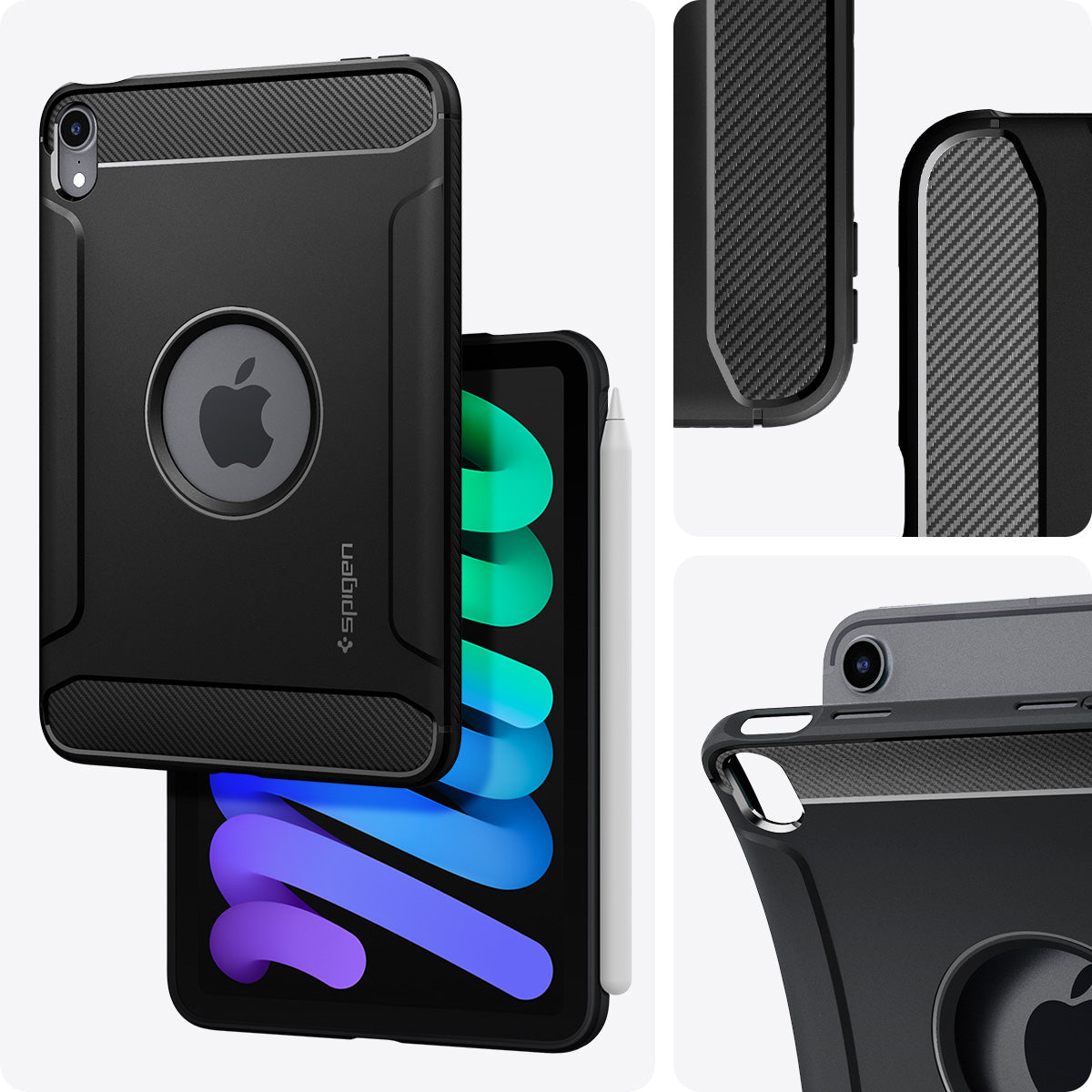ACS03764 - iPad Mini 6 Case Rugged Armor in matte black showing the different angles