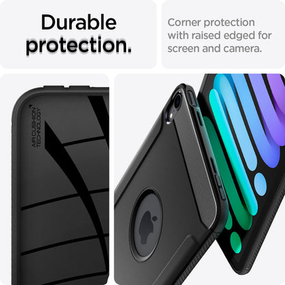 ACS03764 - iPad Mini 6 Case Rugged Armor in matte black showing the durable protection. Corner protection with raised edged for screen and camera