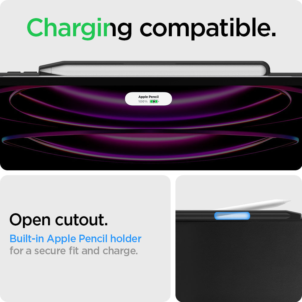 ACS05467 - iPad Pro 11" Case Thin Fit Pro in black showing the charging compatibility. Open cutout. Built-in Apple Pencil holder for a secure fit and charge