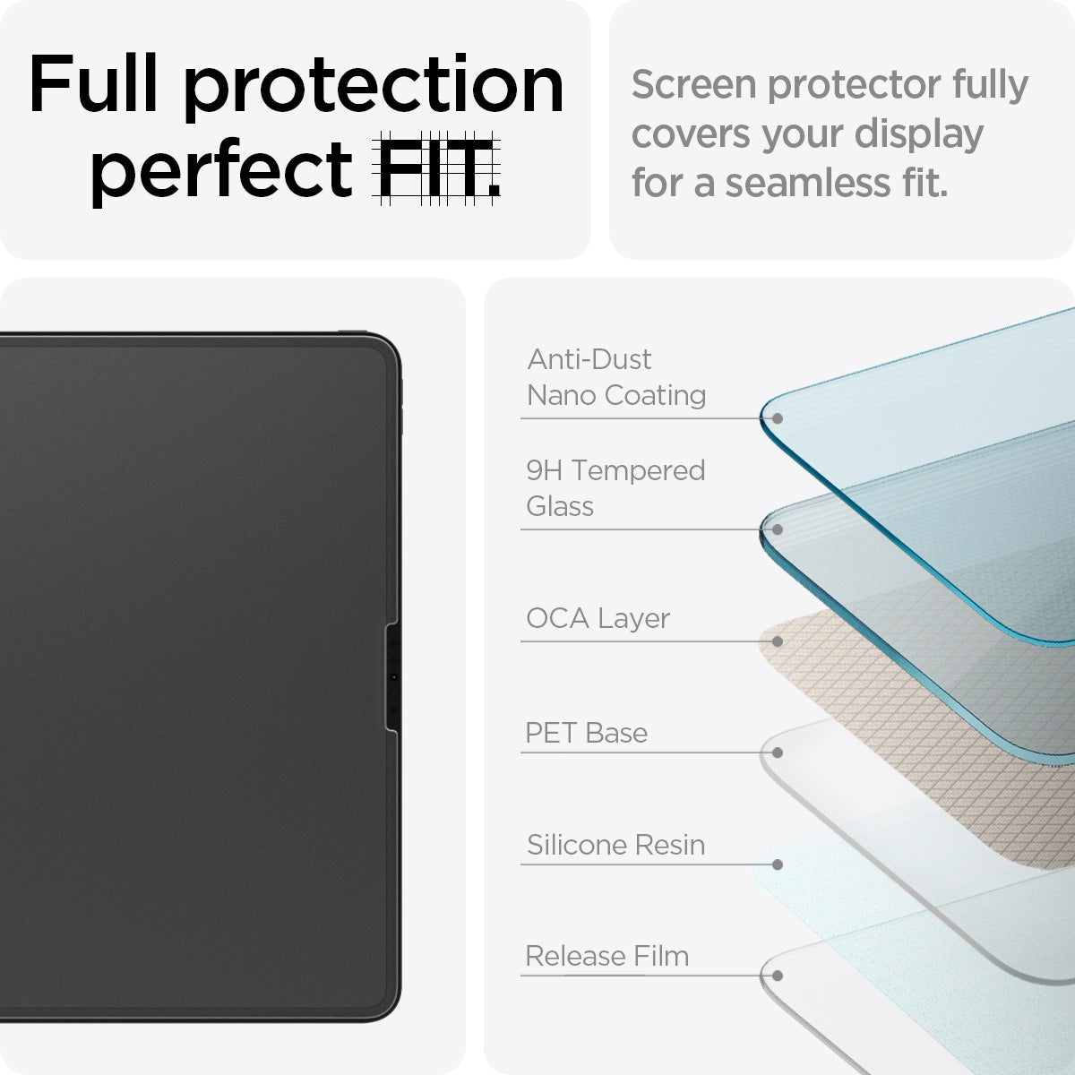 AGL07789 - iPad Pro 11-inch Paper Touch EZ Fit in Clear showing the full protection perfect FIT. Screen protector fully covers your display for a seamless fit with anti-dust nano coating, 9H tempered glass, OCA layer, PET base, silicone resin and release film