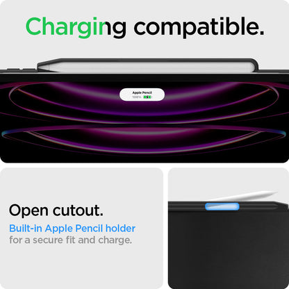 ACS05468 - iPad Pro 12.9" Case Thin Fit Pro in black showing the charging compatibility. Open cutout. Built-in Apple Pencil holder for a secure fit and charge