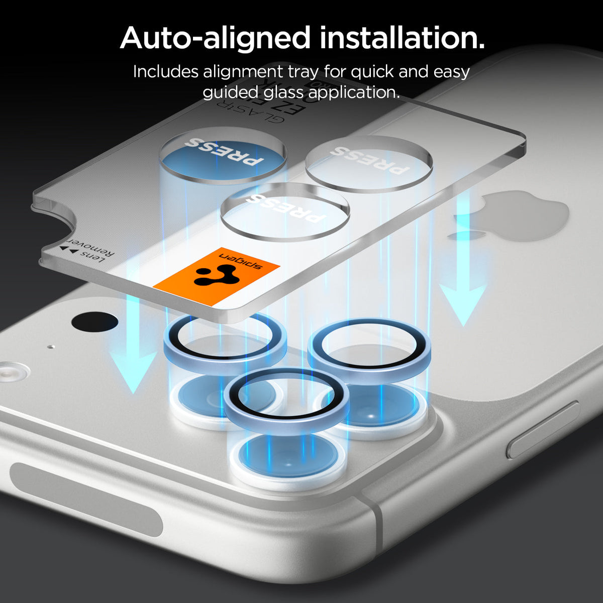 AGL12045 - iPhone 18 Pro Max / iPhone 18 Pro Optik Pro EZ Fit Lens Protector in Glacier showing an alignment tray guiding three lens protectors into position for easy installation.