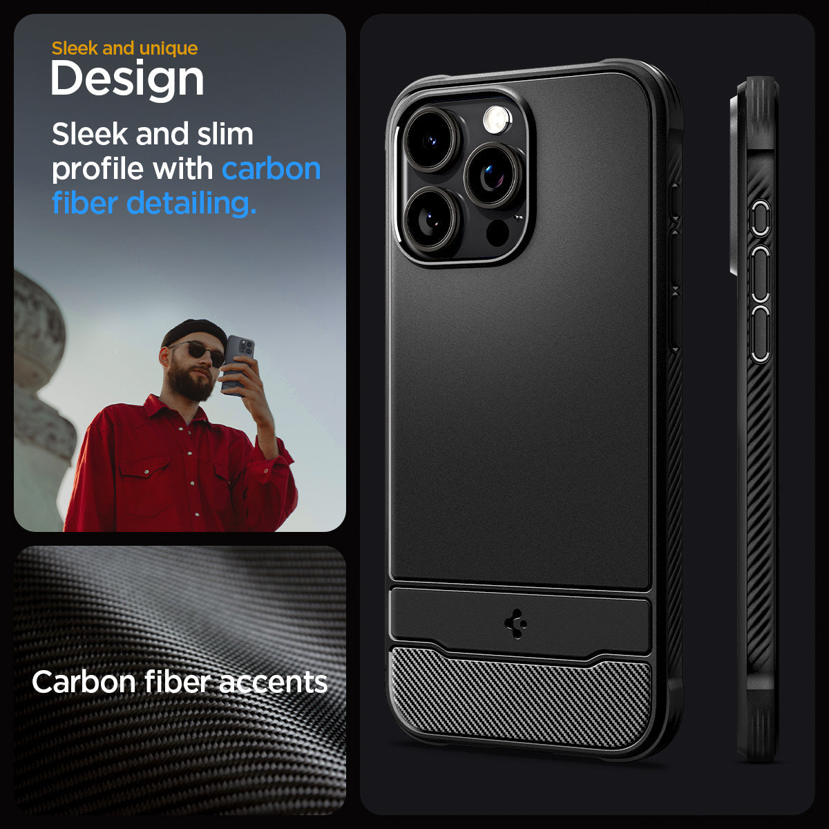 ACS06703 - iPhone 15 Pro Case Rugged Armor (MagFit) in matte black sleek and unique design. sleek and slim profile with carbon fiber detailing. carbon fiber accents.