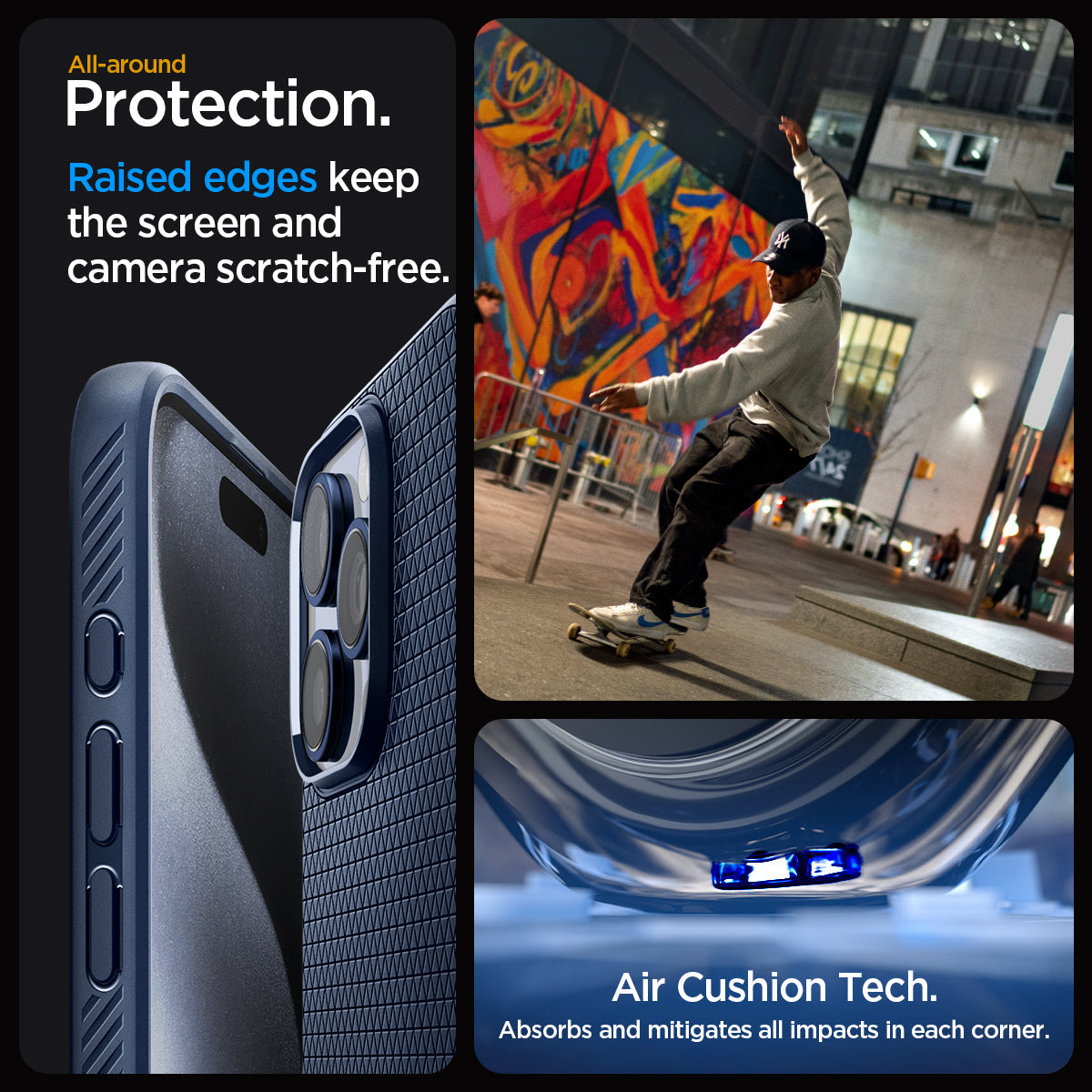 ACS06563 - iPhone 15 Pro Max Case Liquid Air in navy blue all-around protection. Raised edges keep the screen and camera scratch-free. Air Cushion Tech. Absorbs and mitigates all impacts in each corner