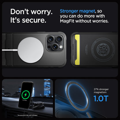ACS06561 - iPhone 15 Pro Max Case Rugged Armor (MagFit) in matte black don't worry. It's secure. stronger magnet, so you can do more with magfit without worries. 27% stronger magnetism 1.0T.