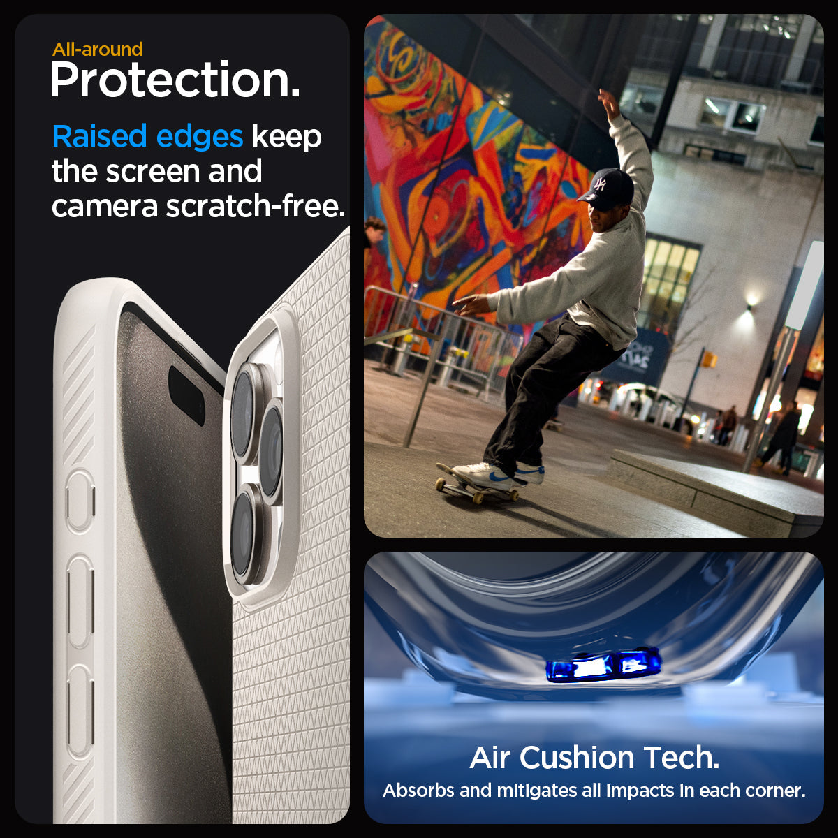 ACS07217 - iPhone 15 Pro Case Liquid Air in Natural Titanium all-around protection. Raised edges keep the screen and camera scratch-free. Air Cushion Tech. Absorbs and mitigates all impacts in each corner