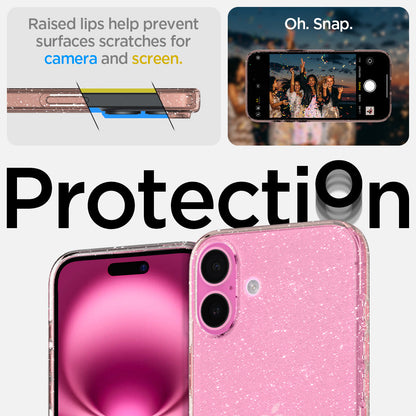 ACS08193 - iPhone 16 Case Liquid Crystal Glitter in Rose Quartz raised lips help prevent surfaces scratches for camera and screen. oh snap. protection.