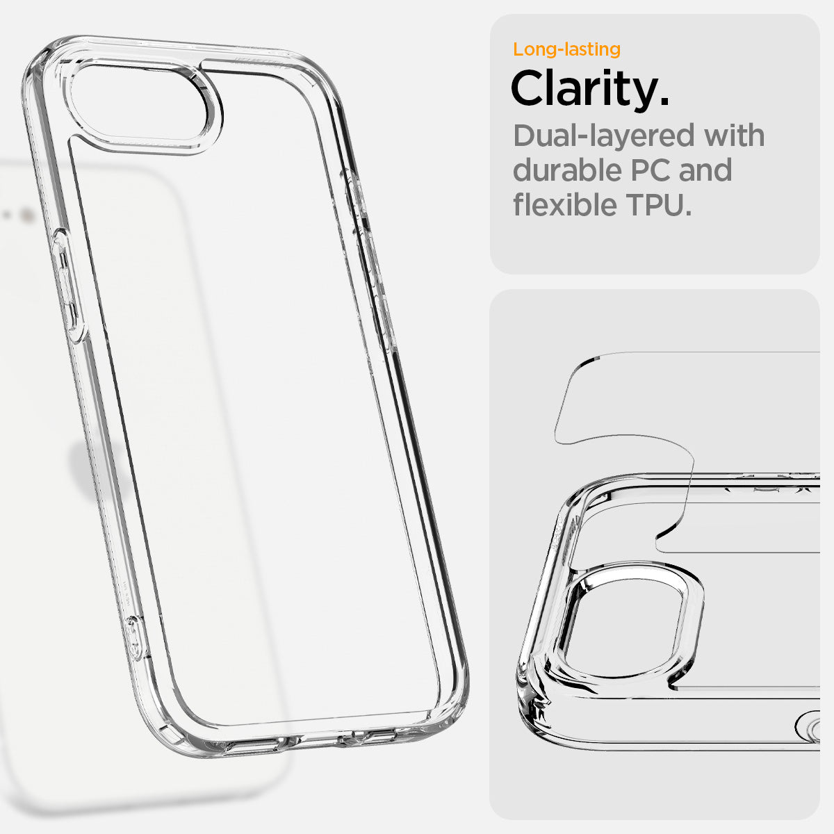 ACS09160 - iPhone 17e Case Ultra Hybrid in Crystal Clear showing the long lasting clarity. Dual-layered with durable PC and flexible TPU