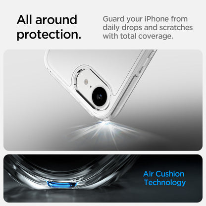 ACS09160 - iPhone 17e Case Ultra Hybrid in Crystal Clear showing the all around protection. Guard your iPhone from daily drops and scratches with total coverage with Air Cushion Technology