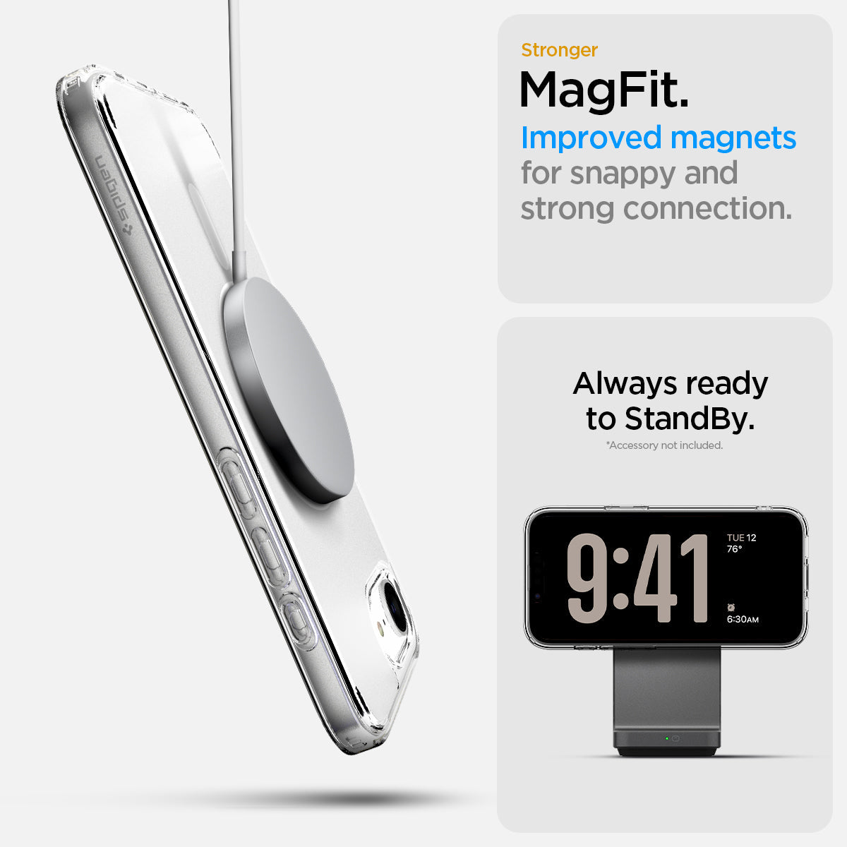 ACS09145 - iPhone 17e Case Ultra Hybrid (MagFit) in Frost White showing the stronger MagFit. Improved magnets for snappy and strong connection. Always ready to StandBy