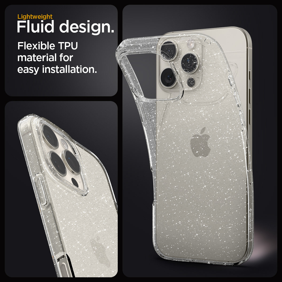 ACS08113 - iPhone 16 Pro Case Liquid Crystal Glitter in Crystal Quartz lightweight fluid design. flexible TPU material for easy installation.