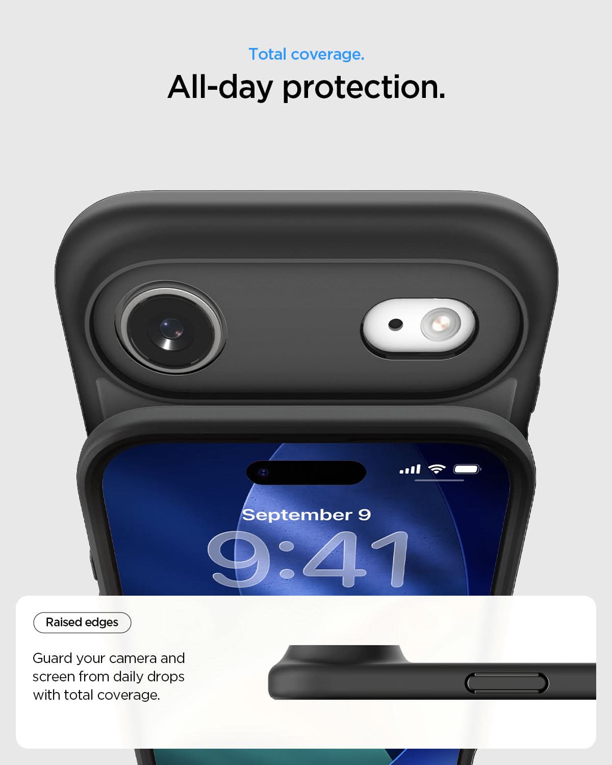 ACS10054 - iPhone 17 Air Ultra Hybrid (MagFit) in Frost Black showing total coverage. all day protection. raised edges guard your camera and screen from daily drops with total coverage.